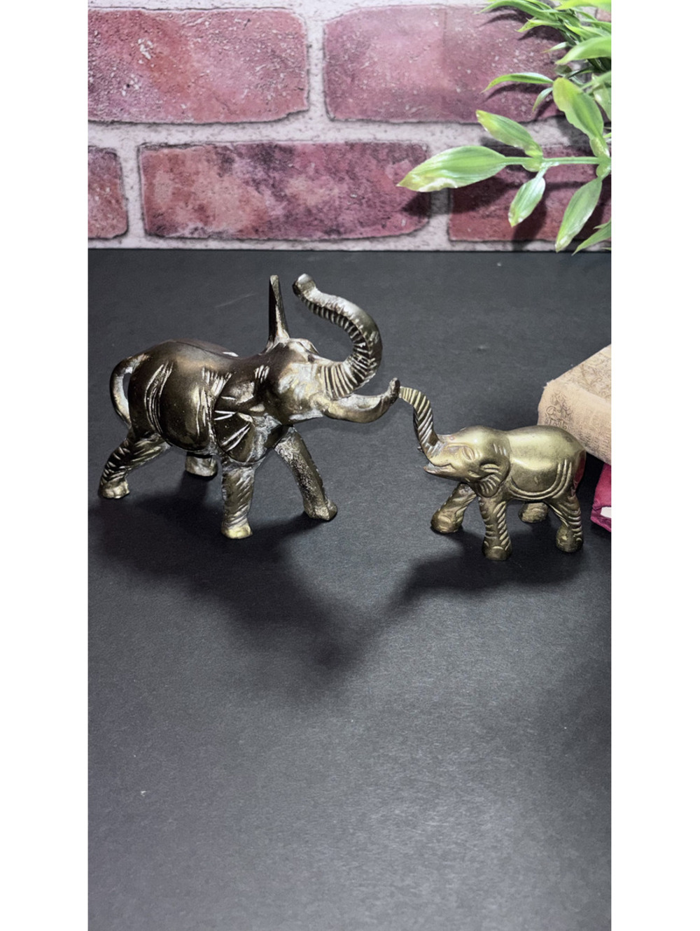 Mid-Century Modern (MCM) Brass Elephants Mom and Baby with Lucky Raised Trunk